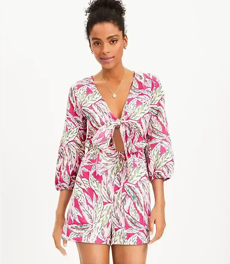 LOFT Beach Palm Tie Front Romper