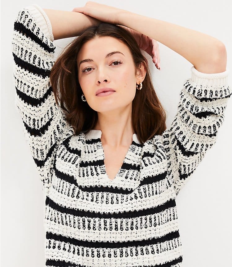 Stripe Open Stitch Split Neck Sweater