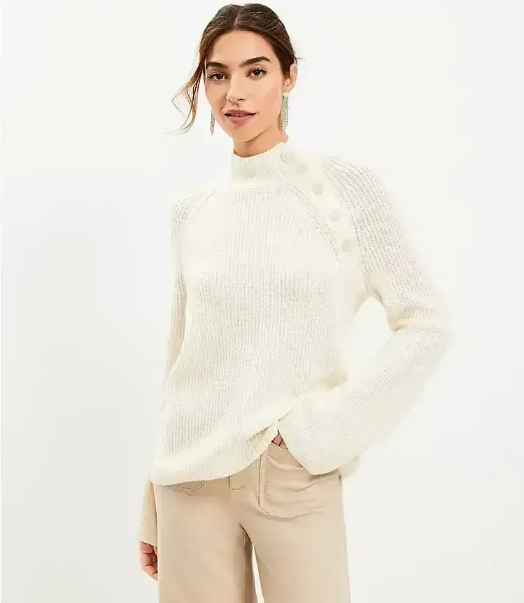 Ribbed Button Neck Flare Sleeve Sweater