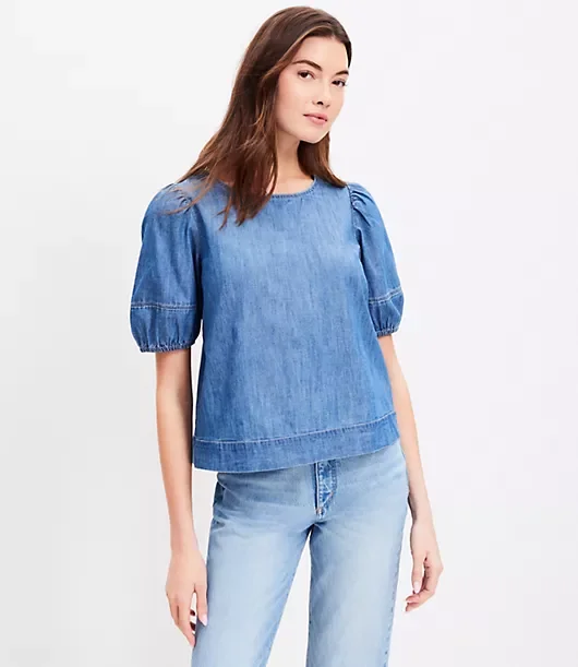 Chambray Open Back Bubble Sleeve Blouse