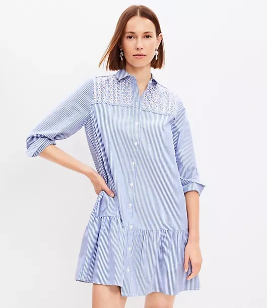 Striped Poplin Pleated Yoke Shirtdress