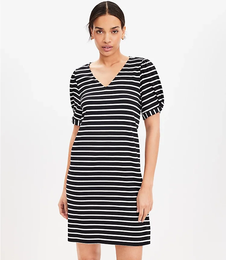 Striped Puff Sleeve V-Neck Swing Dress