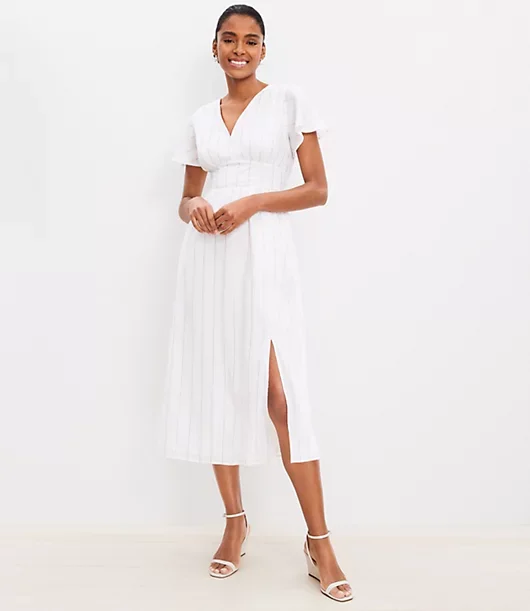 Shimmer Stripe Flutter Sleeve V-Neck Midi Dress