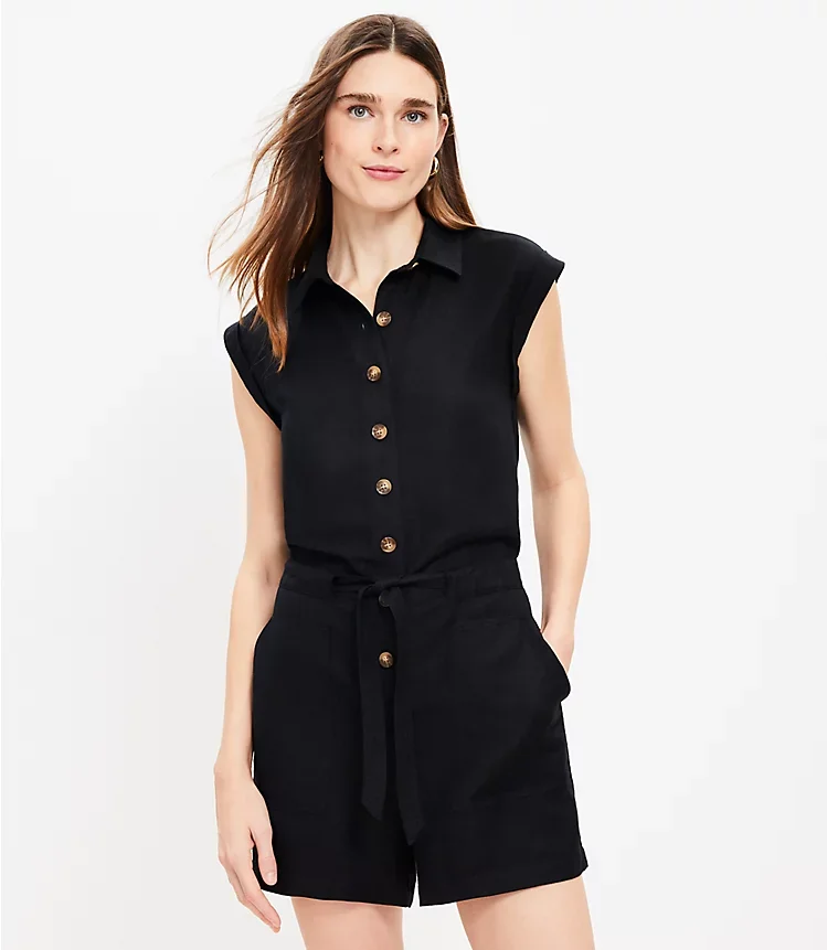 Linen Blend Tie Waist Romper