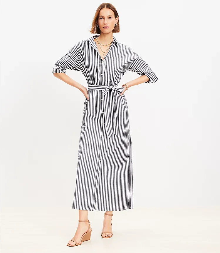 Striped Poplin Belted Pocket Shirtdress