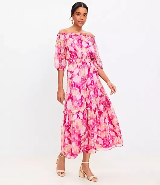 Floral Ikat Clip Balloon Sleeve Off The Shoulder Midi Dress