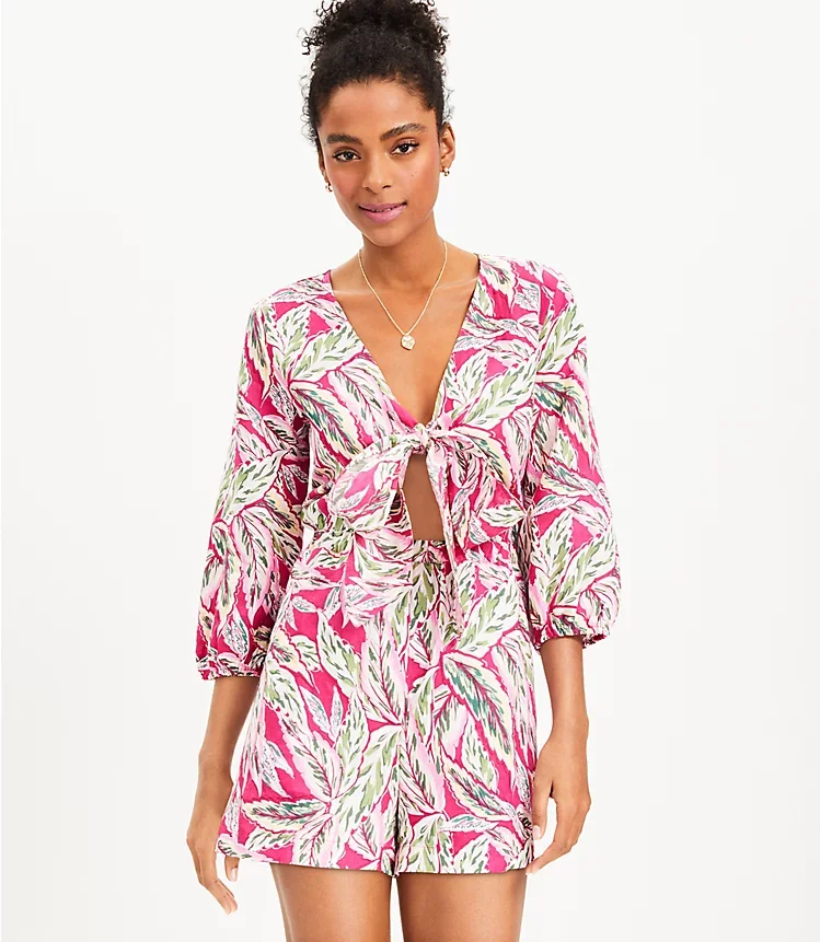 LOFT Beach Palm Tie Front Romper