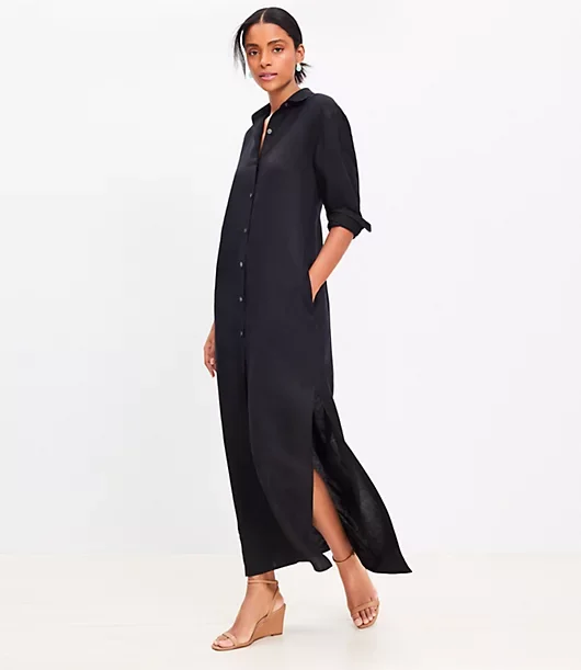 Linen Blend Pocket Maxi Shirtdress