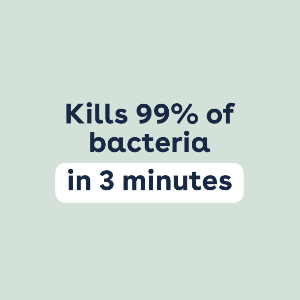 Kills 99% of bacteria in 3 minutes