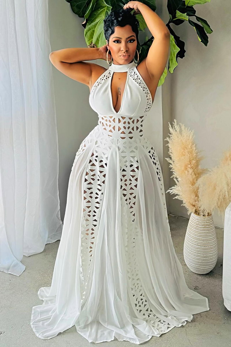 Halter Hollow Out Cinch Waist Evening Gown Maxi Dresses-White