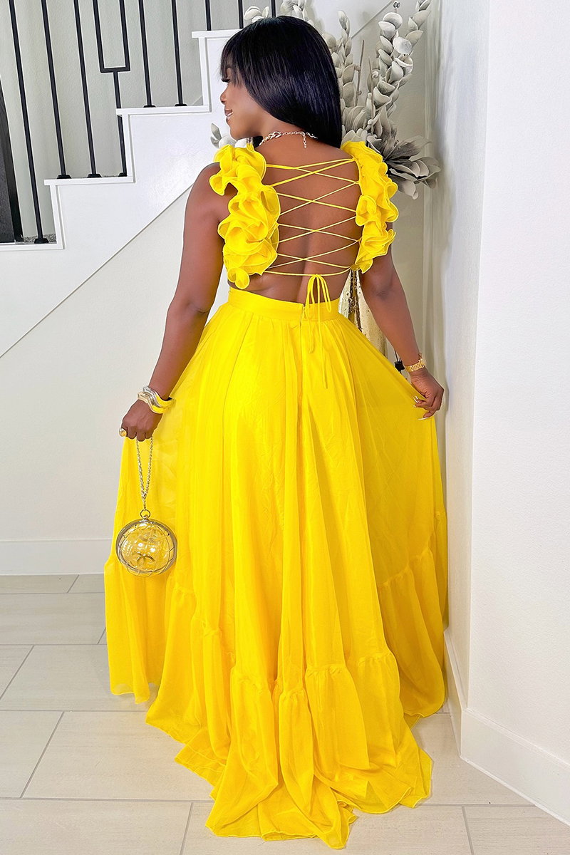 Ruffled Lace Up Backless Deep V Neck Tiered Maxi Dresses-Yellow [Pre Order]