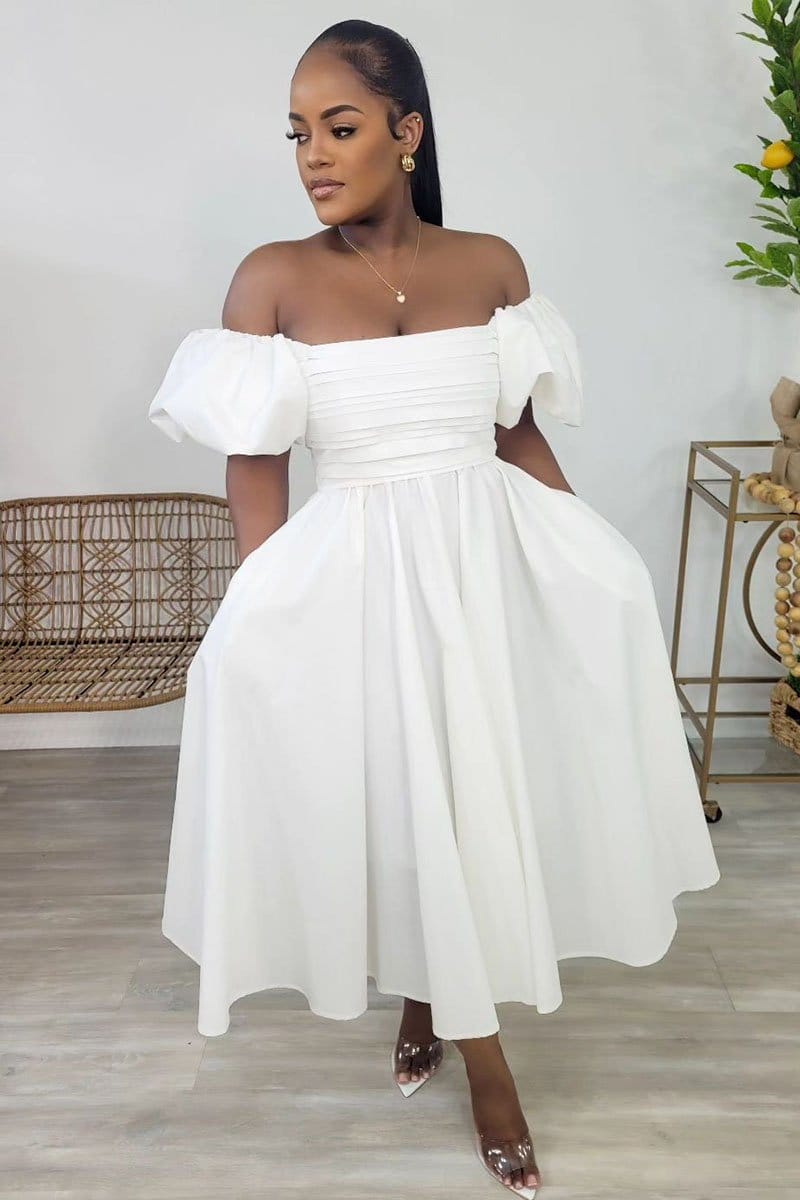 Puff Sleeve Pleated Cinch Waist Elegant Party Midi Dresses-White [Pre Order]