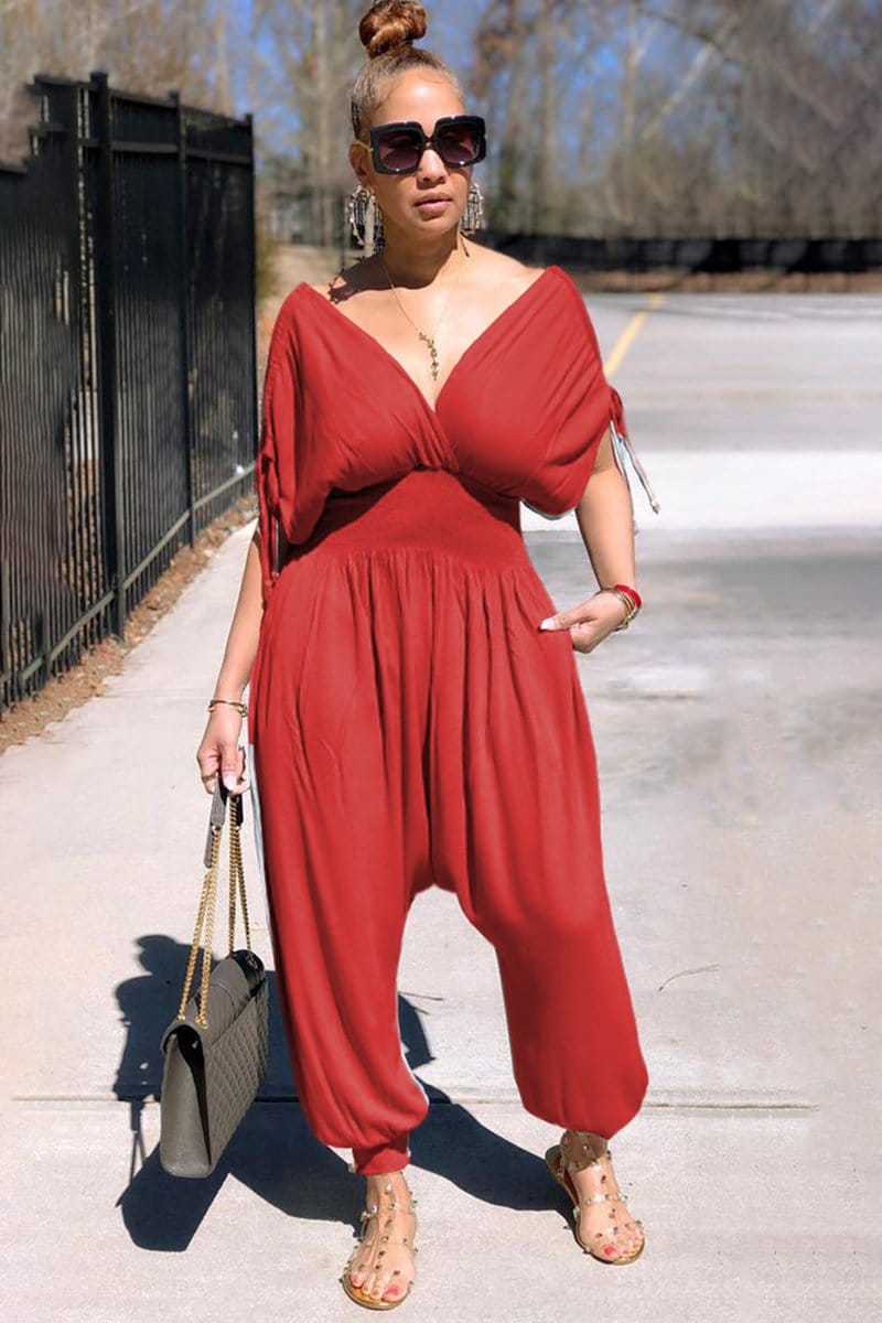 Plain Ruched Cuff V Neck Cinch Waist Pocket Harem Jumpsuit-Red