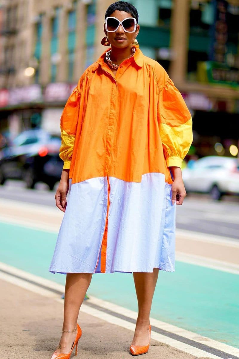 Lantern Sleeve Turndown Collar Colorblock Midi Dresses-Orange [Pre Order]