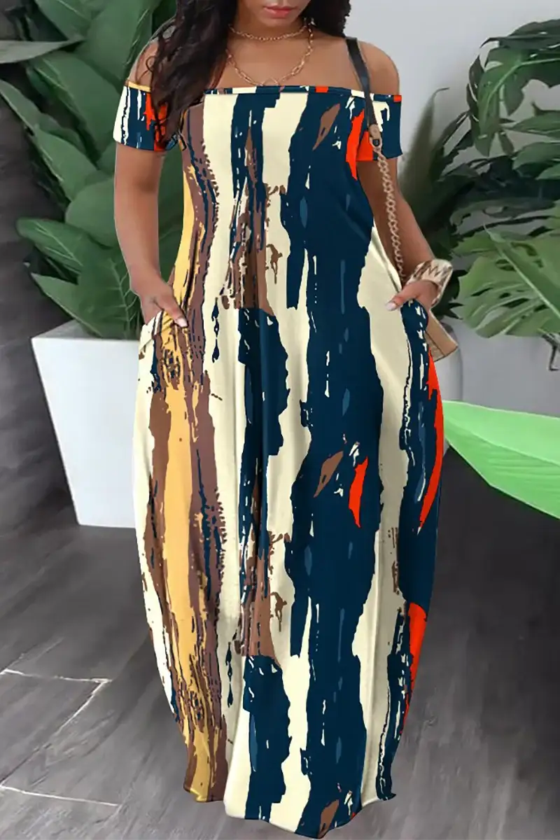 Pattern Print Off Shoulder Short Sleeve Pocket Maxi Dresses-Navy