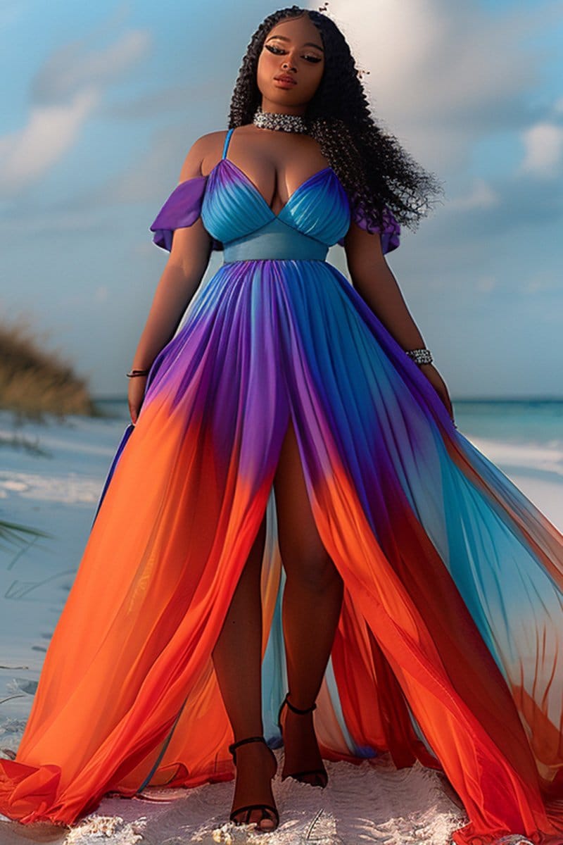 Cold Shoulder Ombre Wrinkle Slit Vacation Maxi Dresses-Rainbow [Pre Order]