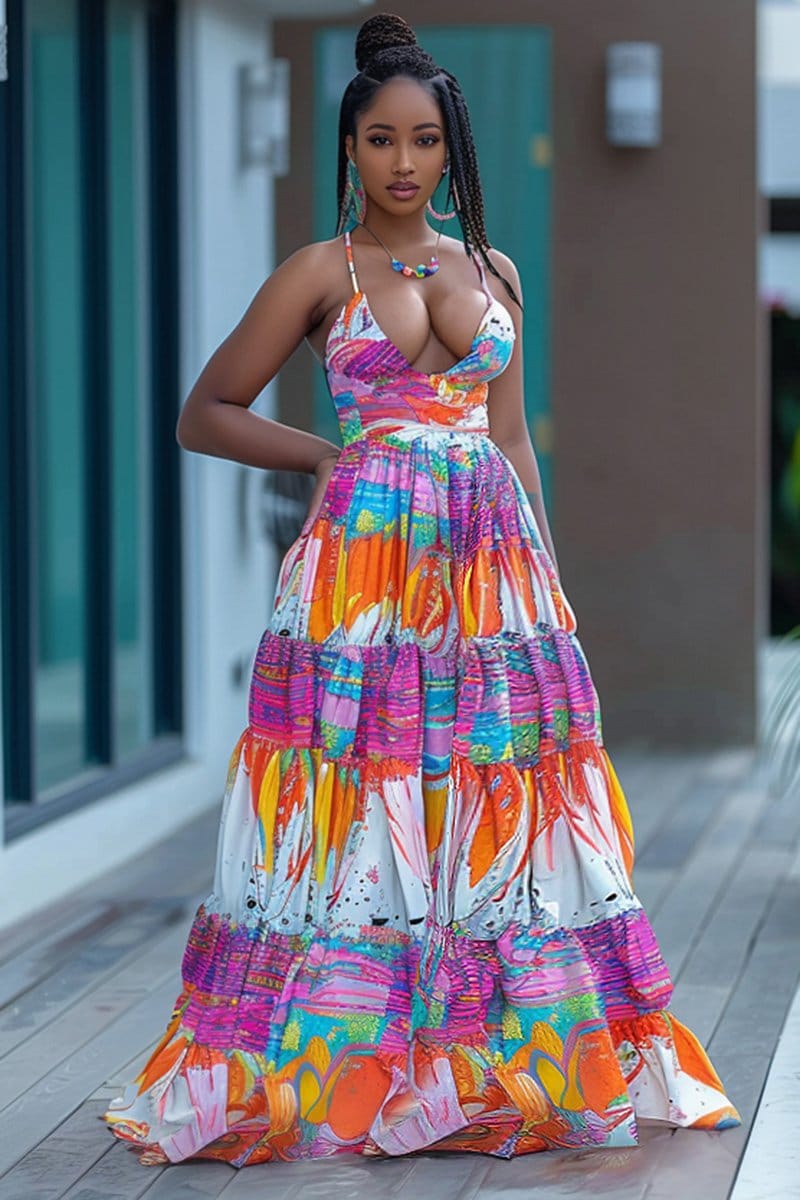 U Neck Quilted Boho Print Vacation Maxi Slip Dresses-Multicolor [Pre Order]