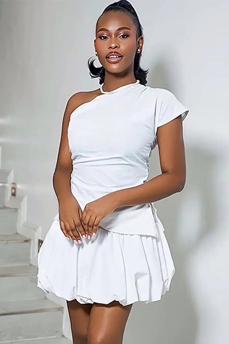 Skew Neck One Shoulder Short Sleeve Top Puffy Mini Skirt Matching Set-White