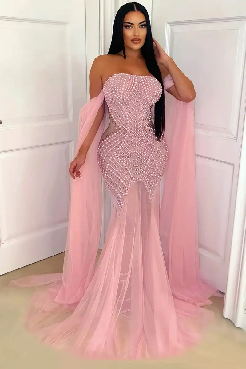 Off Shoulder Caped Sleeve Beads Bodycon Fishtail Gown Tulle Maxi Dresses-Pink