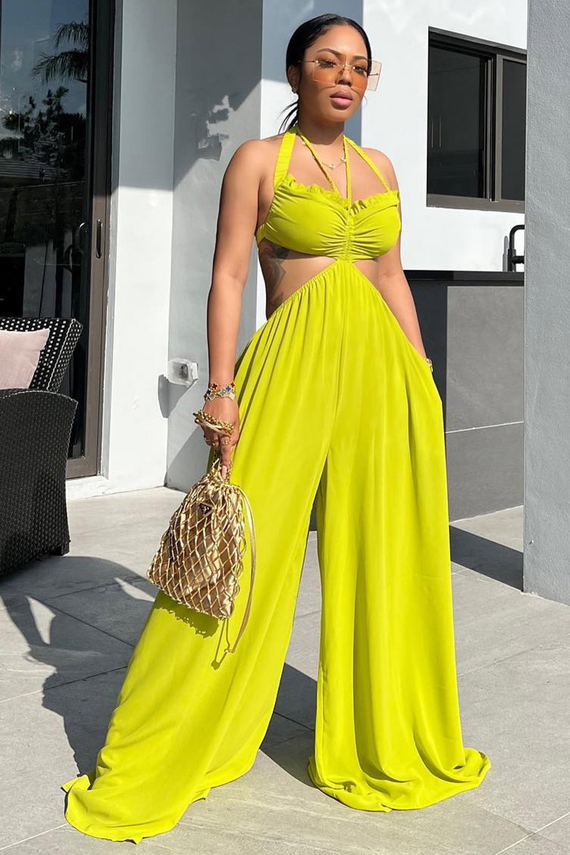 Halter Backless Cut Out Party Wide Leg Jumpsuit-GreenYellow [Pre Order]