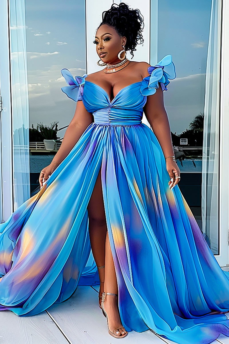 Off Shoulder Rosette Print Tulle Party Vacation Maxi Dresses-Blue [Pre Order]