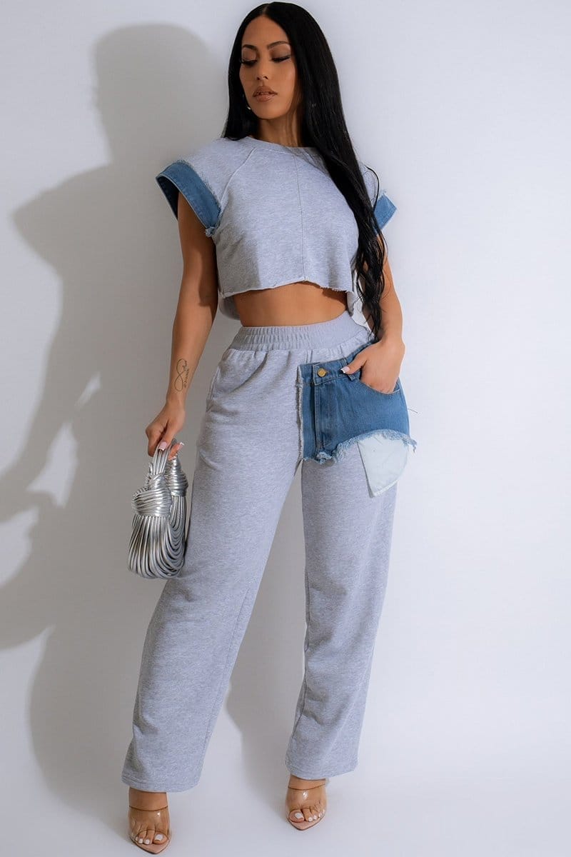 Denim Patchwork Crop Top Elastic Waist Pants Matching Set-Gray [Pre Order]