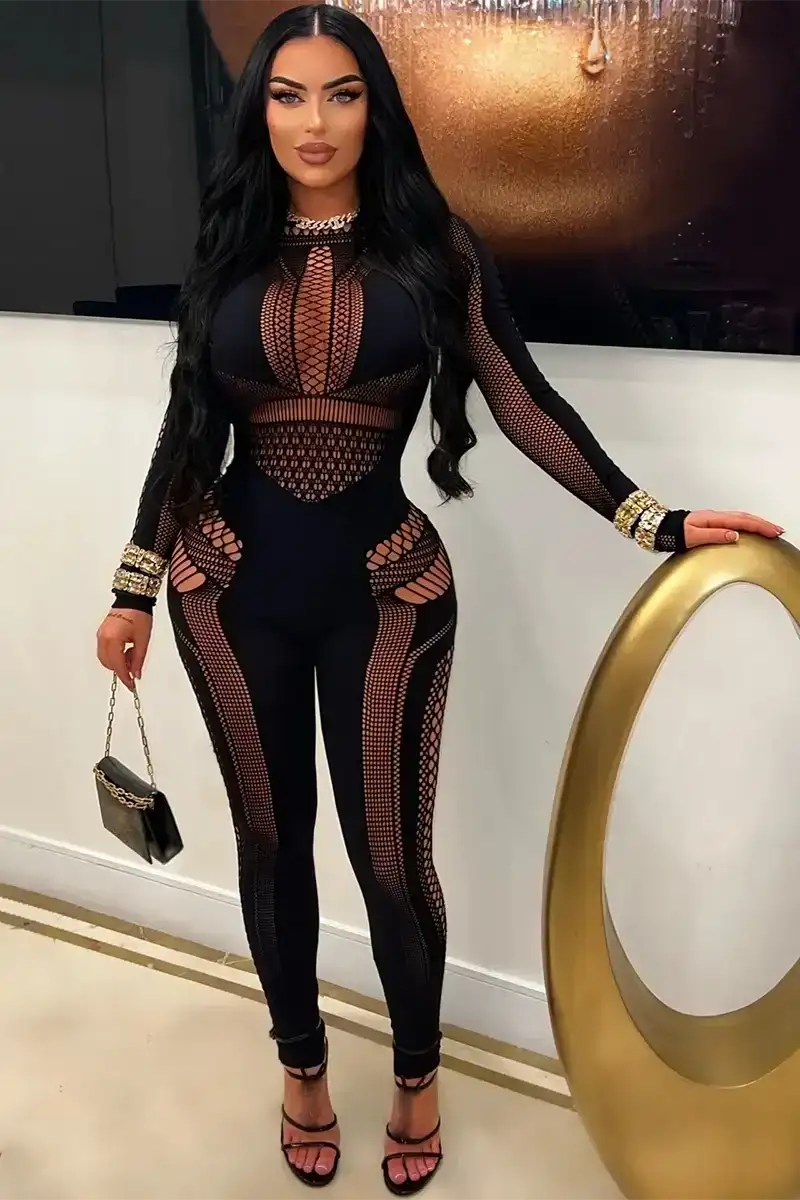 Cutout Long Sleeve Slim Fit Party Jumpsuit-Black