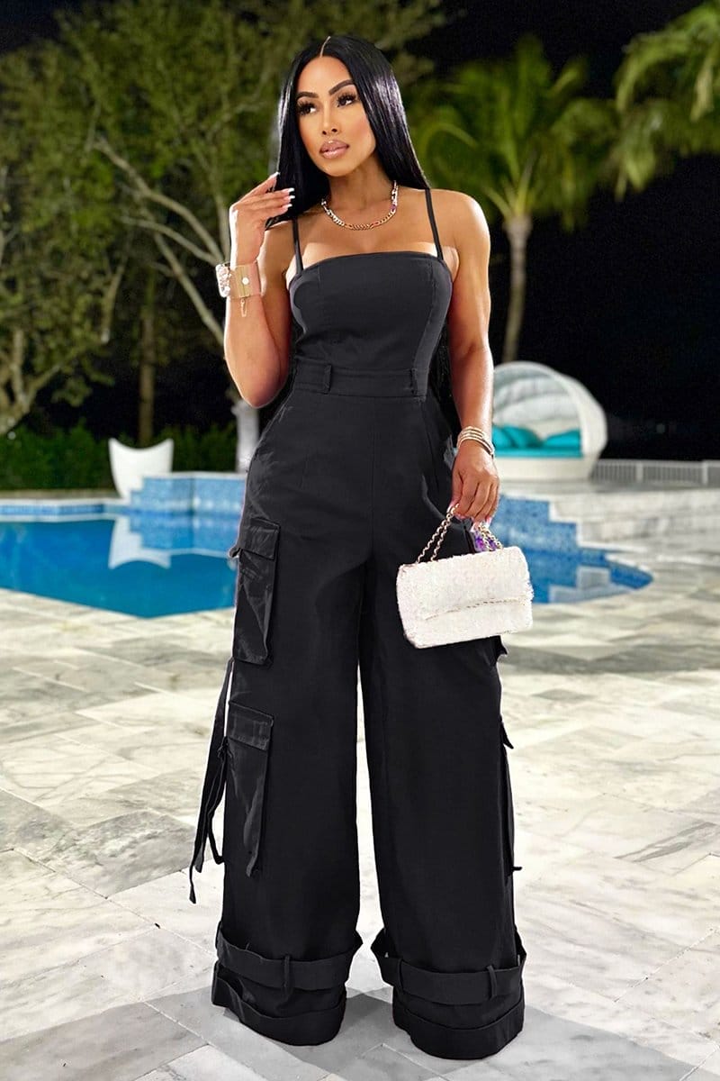 Spaghetti Strap High Waist Wide Leg Pockets Solid Color Jumpsuit-Black