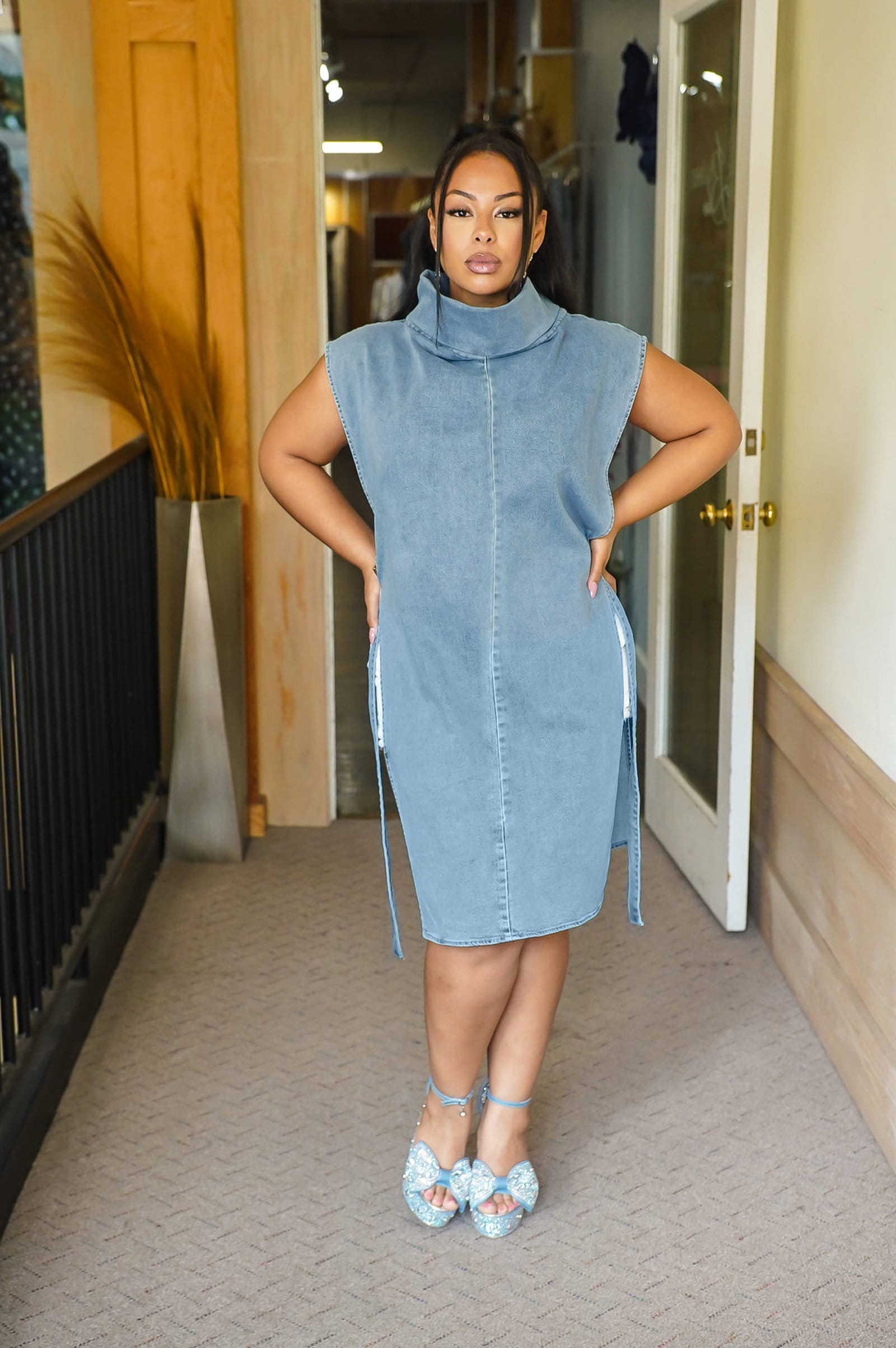 Turtleneck Knotted Slit Denim Sleeveless Mini Dresses-Blue [Pre Order]