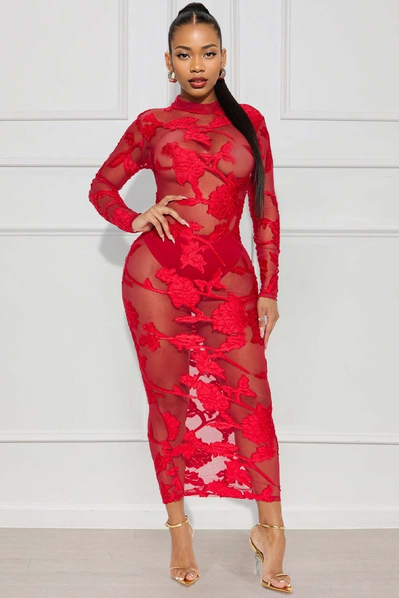 Long Sleeve Butterfly Jacquard Mesh See-Through Bodycon Cocktail Party Midi Dresses-Red [Pre Order]
