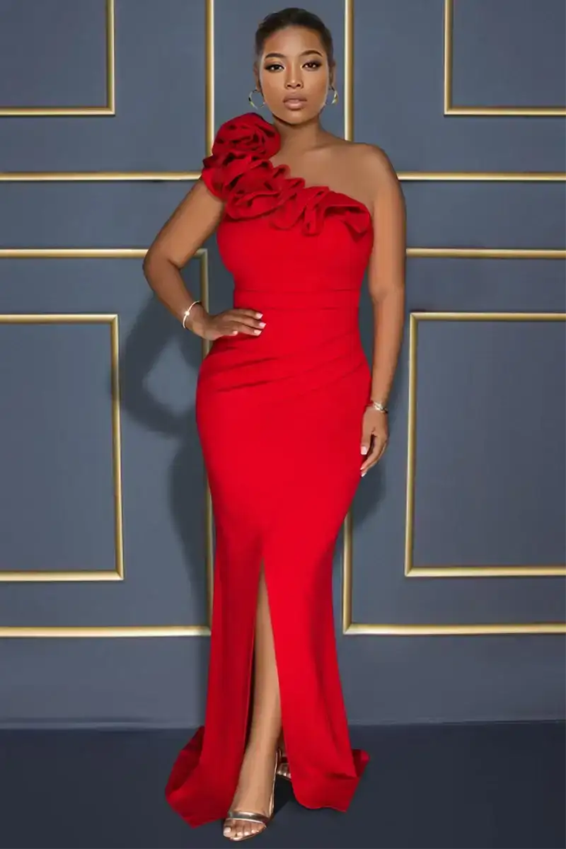 Ruffled One-Shoulder Strap Bodycon Slit Fishtail Gowns Maxi Dresses-Red [Pre Order]