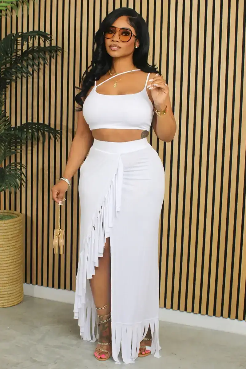 Crop Cami Bodycon Ruffled Slit Maxi Skirt Matching Set-White [Pre Order]