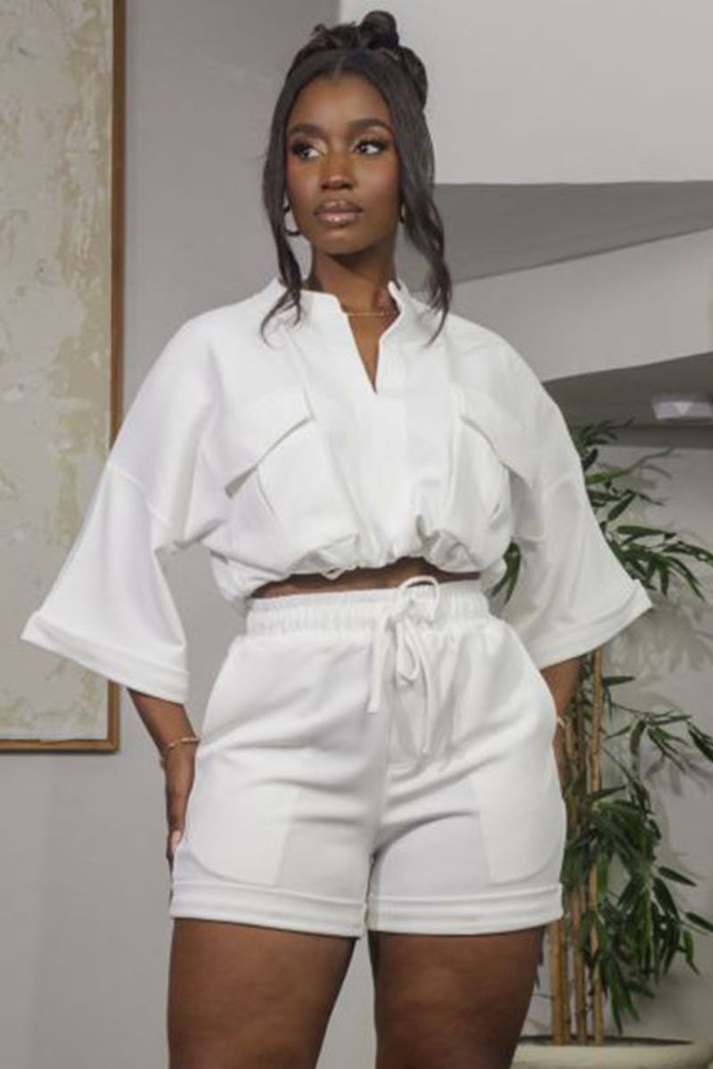 Stand Collar Blouse Drawstring High Waist Shorts 2pcs Set-White [Pre Order]