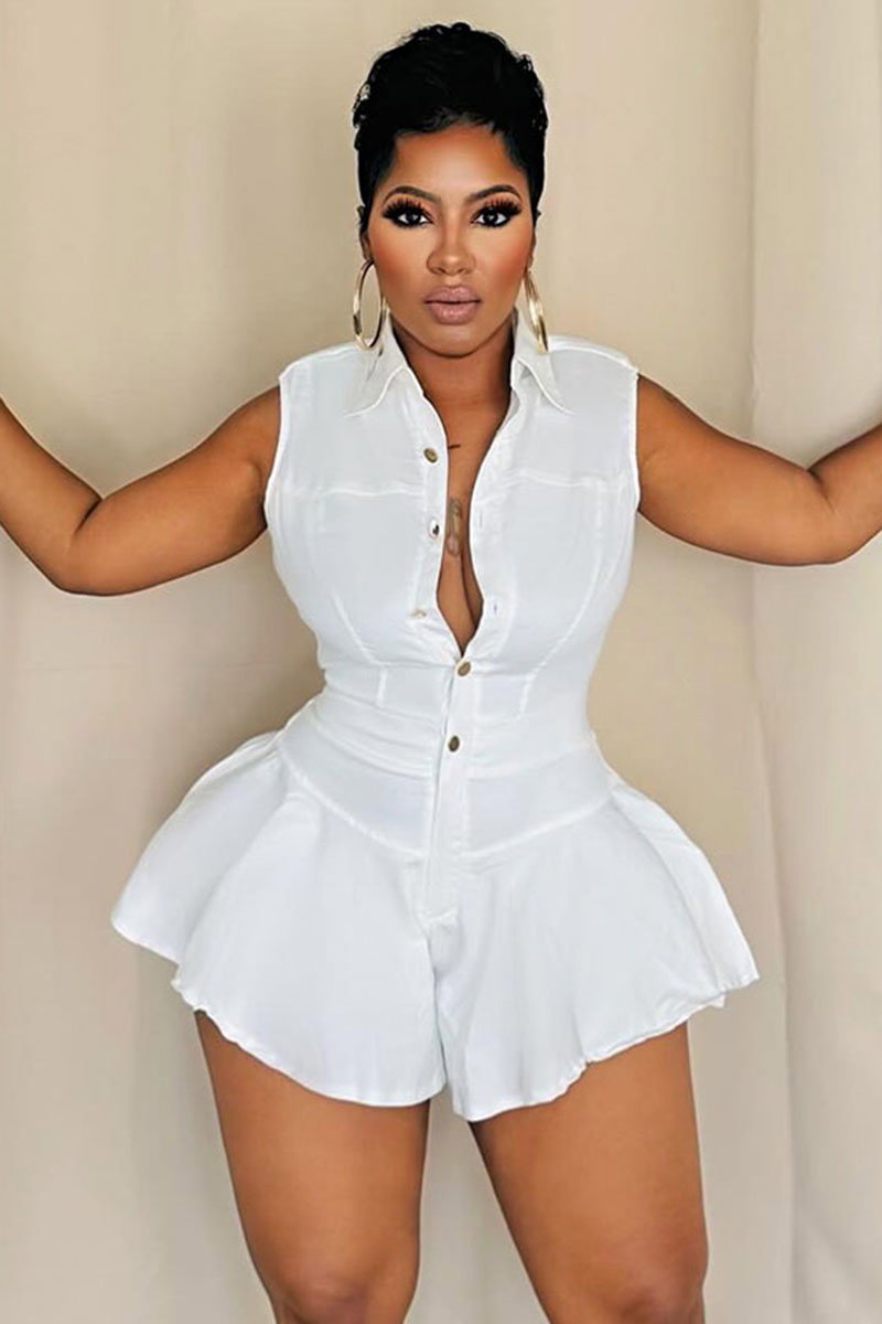 Button Up Cinch Waist Sleeveless Daily Romper Playsuit-White [Pre Order]