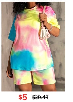 LW Casual O Neck Tie-dye Multicolor Two Piece Shorts Set