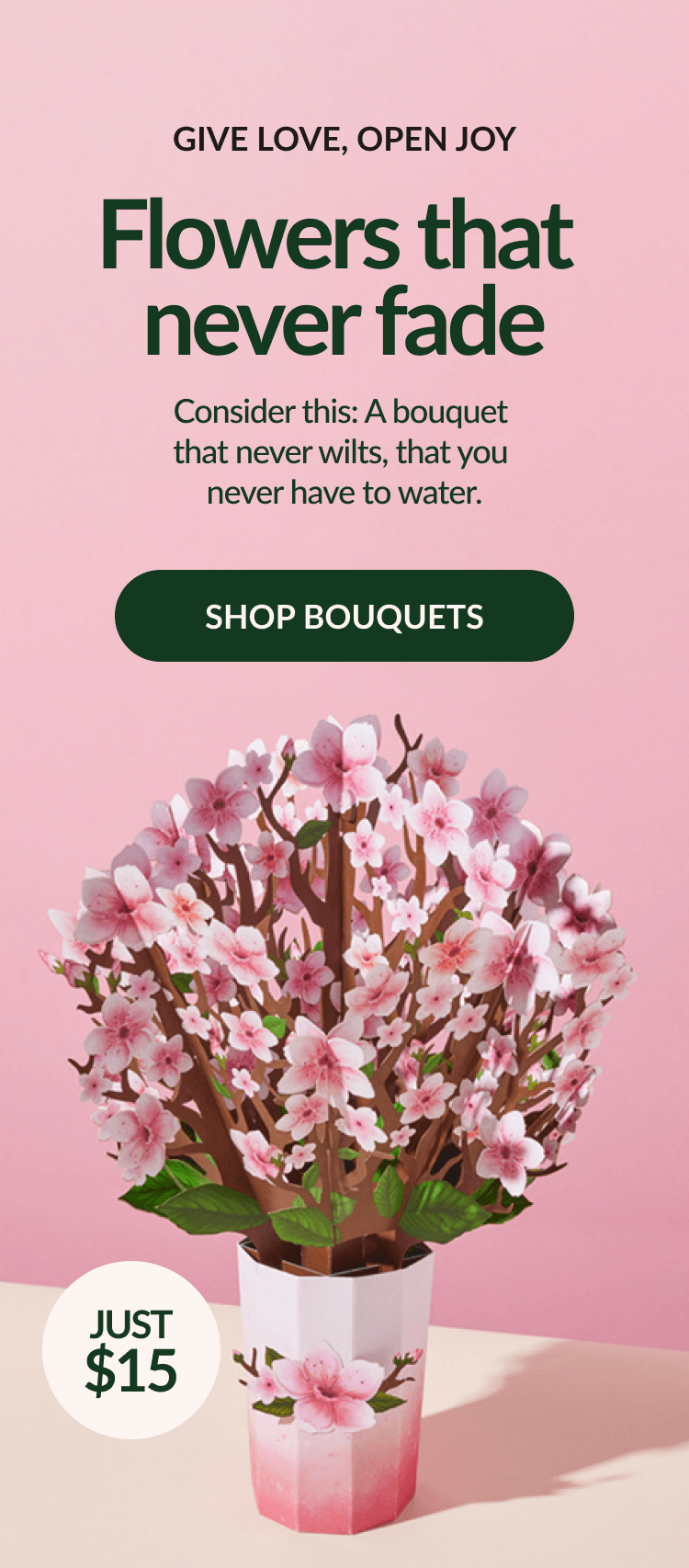 GIVE LOVE, OPEN JOY | Flowers that never fade | Consider this: A bouquet that never wilts, that you never have to water. | SHOP BOUQUETS