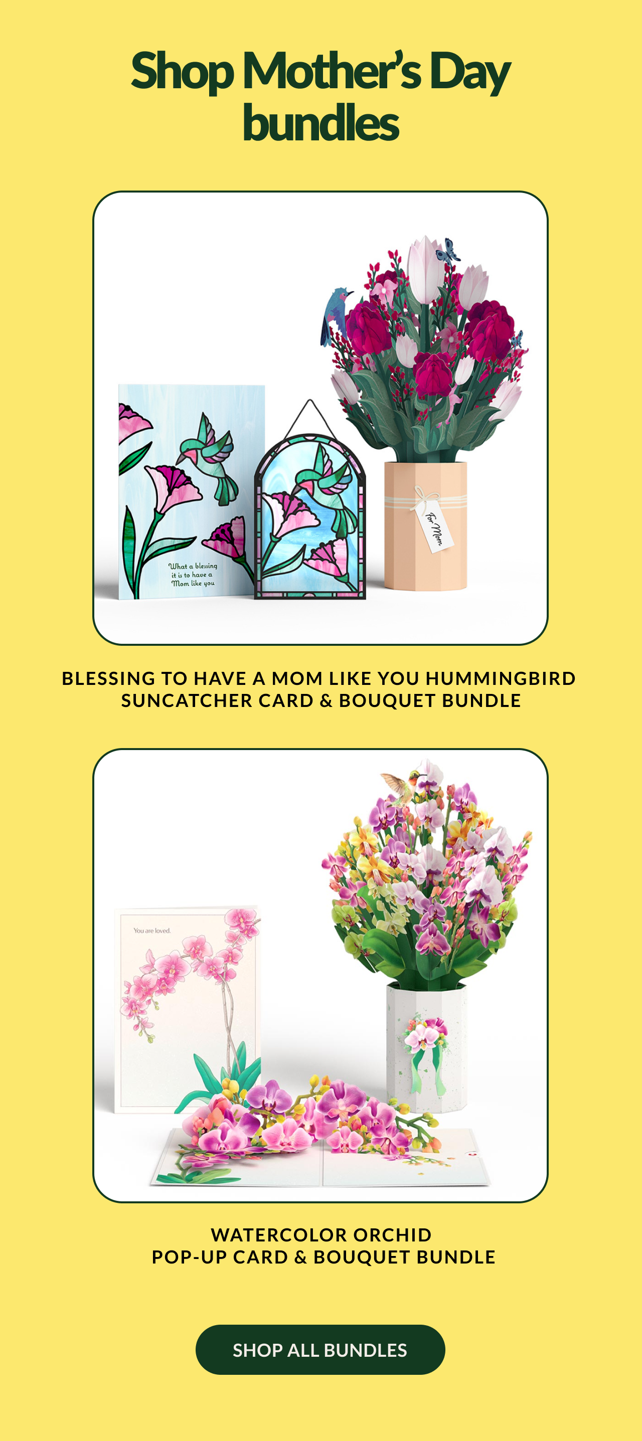 Shop Mother’s Day bundles | BLESSING TO HAVE A MOM LIKE YOU HUMMINGBIRD SUNCATCHER CARD & BOUQUET BUNDLE | WATERCOLOR ORCHID POP-UP CARD & BOUQUET BUNDLE | SHOP ALL BUNDLES