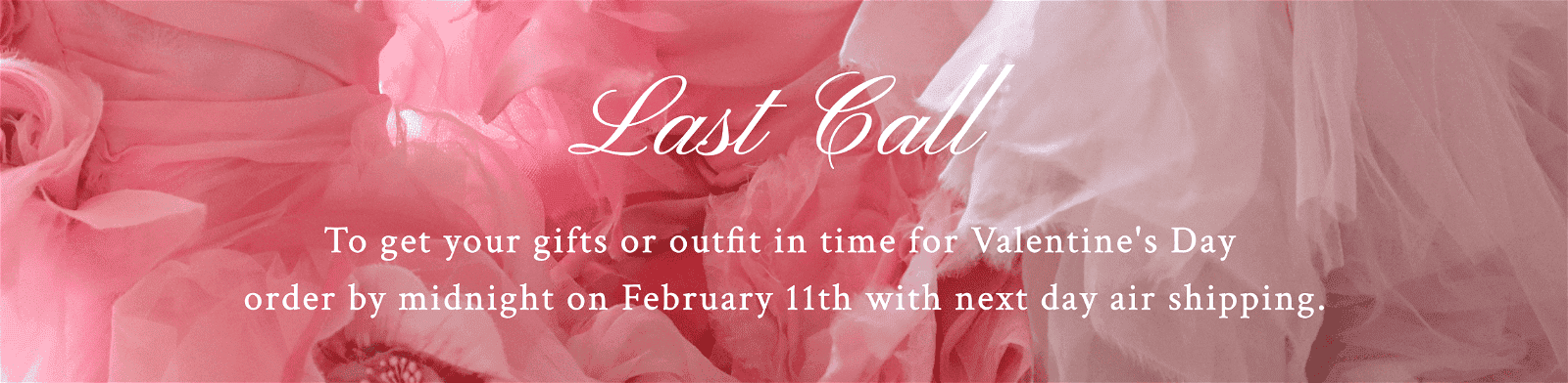 Last call. To get your gifts or outfit in time for Valentine's Day  order by midnight on February 11th with next day air shipping.