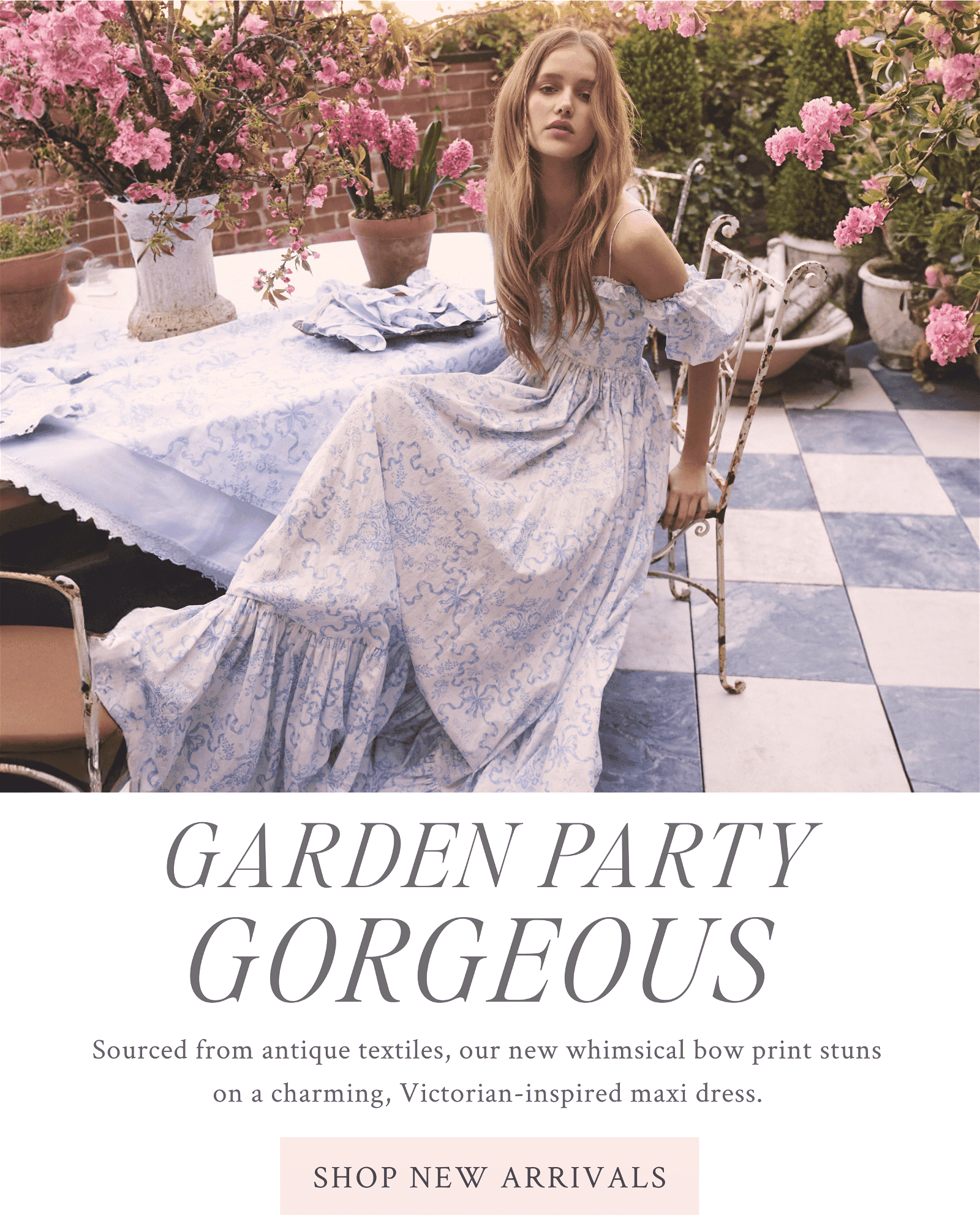 Garden party gorgeous. Sourced from antique textiles, our new whimsical bow print stuns on a charming, Victorian-inspired maxi dress.