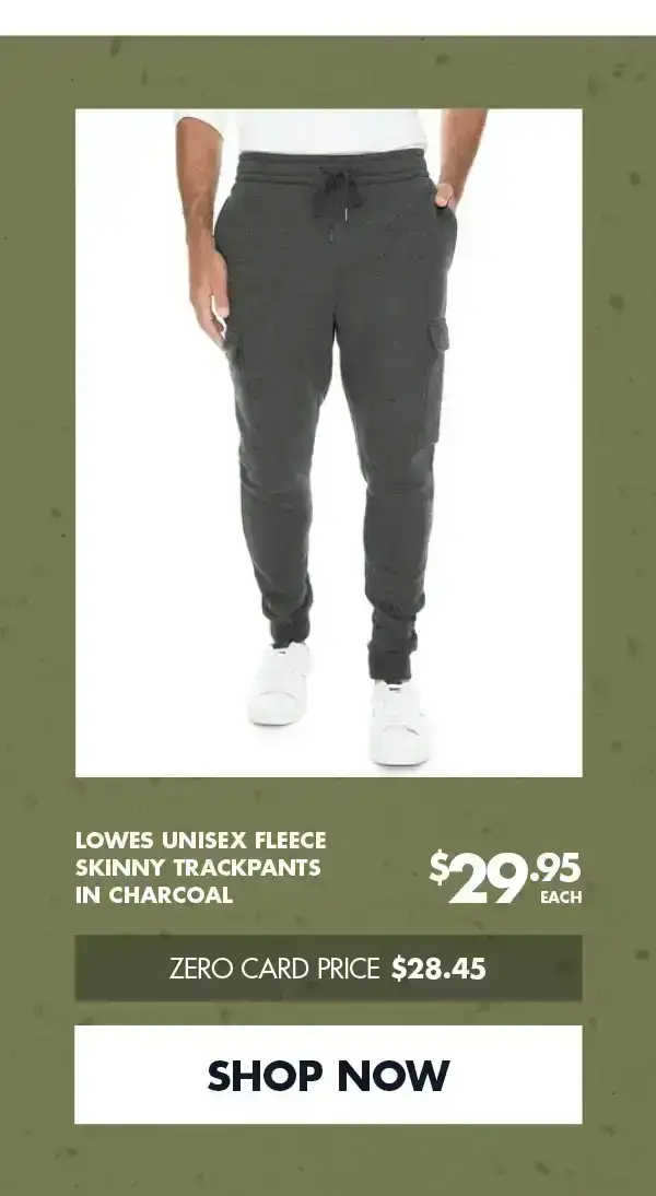 Lowes Unisex Fleece Skinny Trackpants In Charcoal