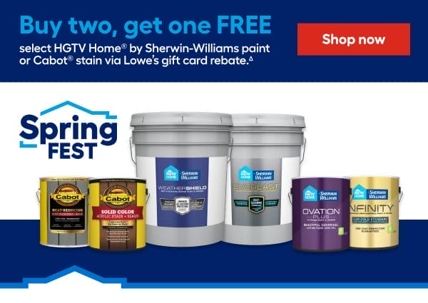 Buy two, get one FREE select HGTV Home® by Sherwin-Williams paint or Cabot® stain via Lowe’s gift card rebate.