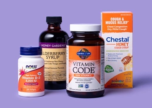 Vitamin D3 by NOW brand, Garden of Life Vitamin Code, Chestal honey syrup, elderberry syrup and more.