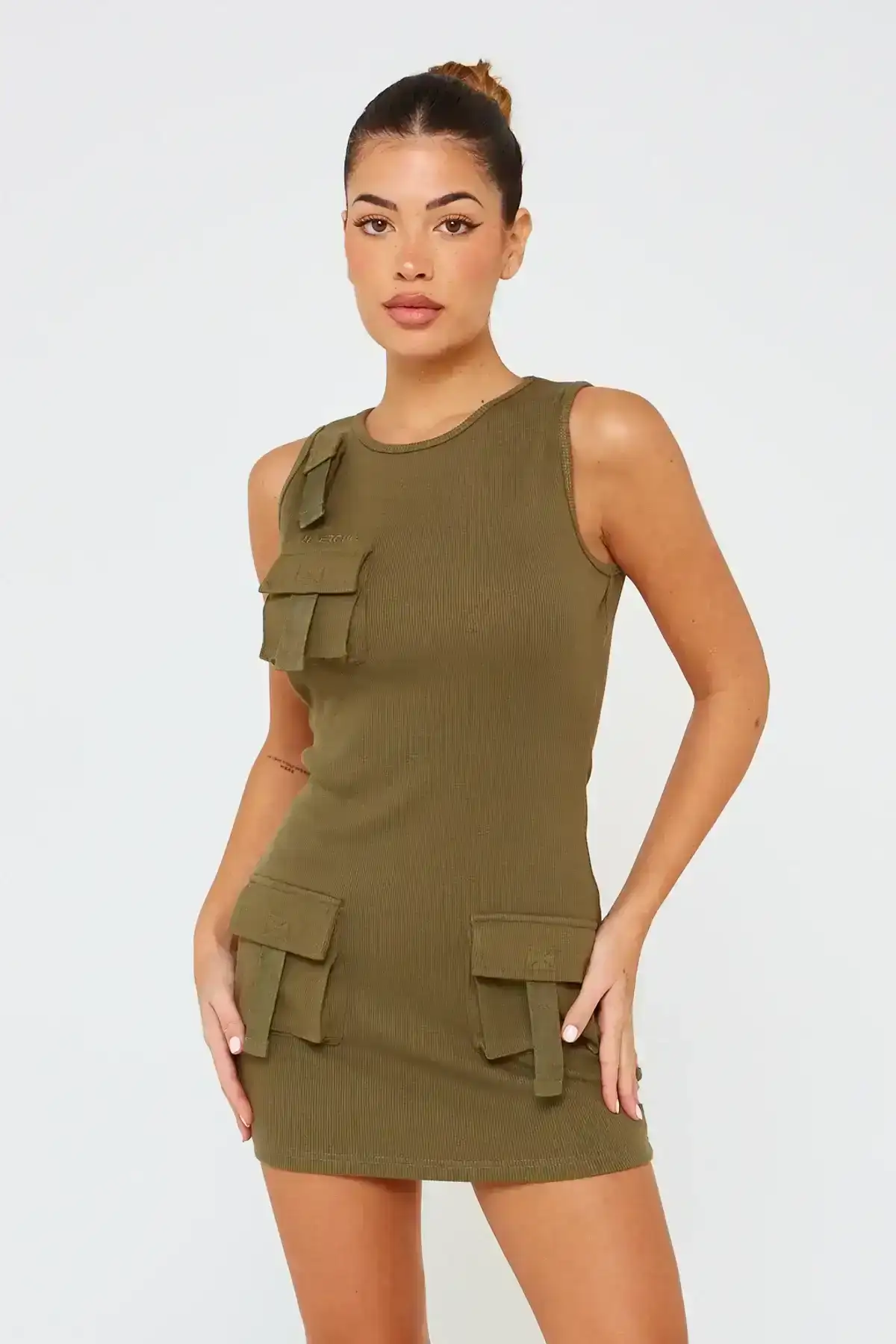 Image of Khaki Organic Cotton Blend Utility Pocket Racer Mini Dress