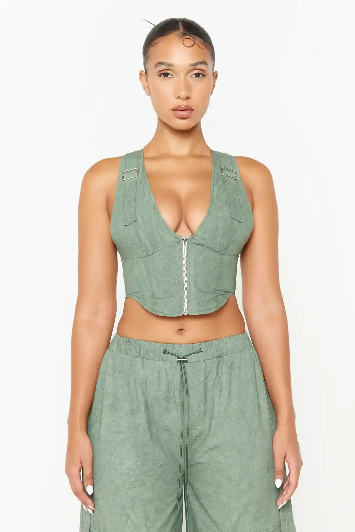 Image of Green Acid Wash Zip Corset Top