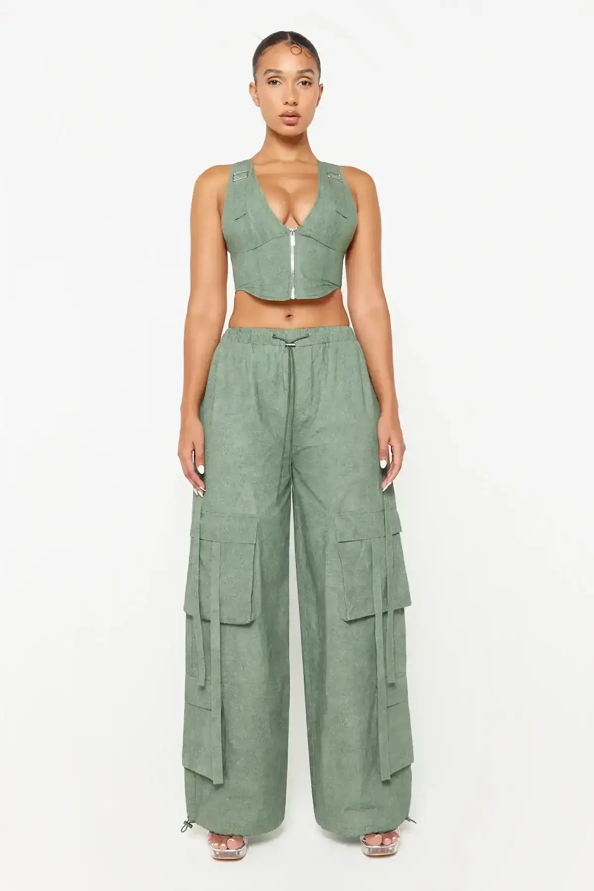 Image of Green Acid Wash Wide Leg Cargo Pants