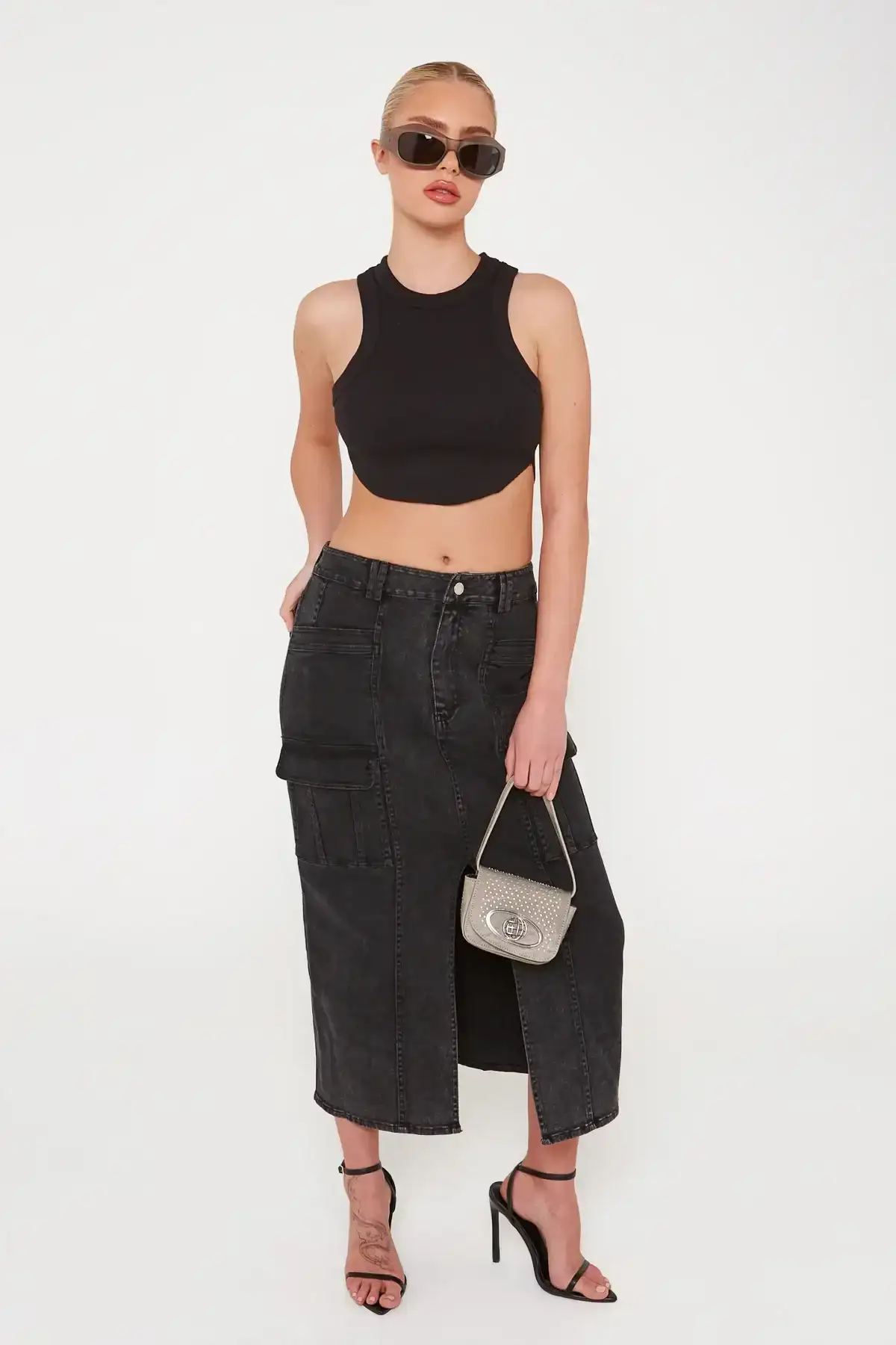 Image of Black Wash Denim Midi Skirt
