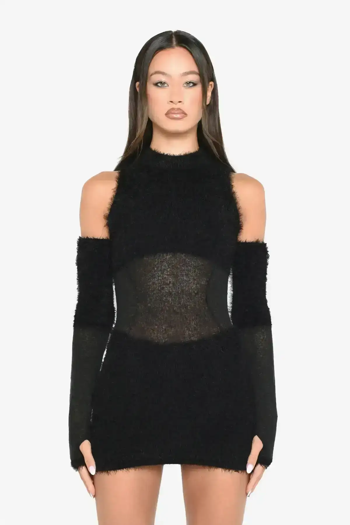 Image of Black Vegan Mohair Mini Dress With Detachable Sleeve