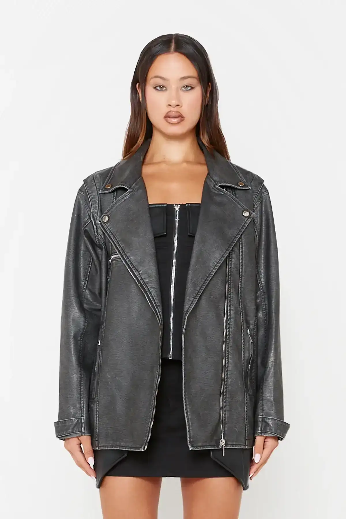 Image of Black Wash Vegan Leather Oversized Biker Jacket