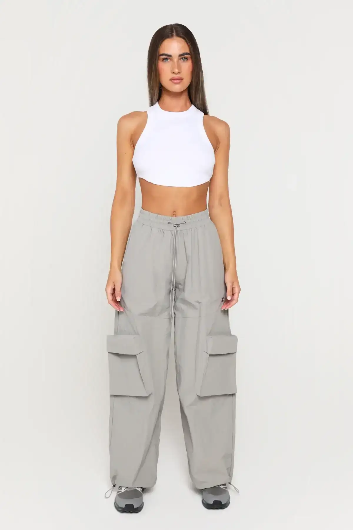 Image of Light Grey Crinkled Nylon Track Bottoms