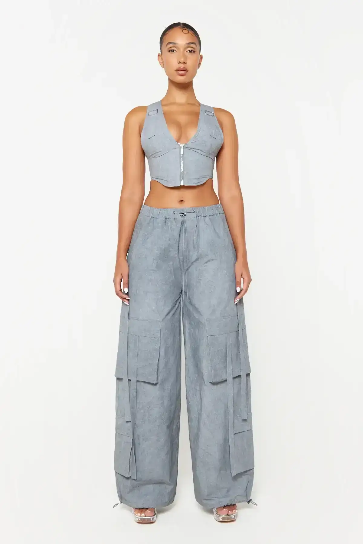 Image of Charcoal Acid Wash Wide Leg Cargo Pants